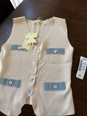 Wildfox Cream Knit Vest with Light Blue Accent Pockets